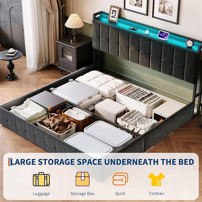 Garvee King Size Lift Up Storage Bed with LED Lights, Upholstered Velvet Bed Frame with Storage Headboard & Charging Station, Metal Platform Bed, No Box Spring Needed, Solid Wooden Slats, Black