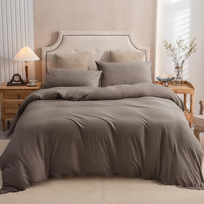 PURE ERA Jersey Knit Duvet Cover Set 100% T-Shirt Cotton Super Soft Comfy 3pc Bedding Set with Zipper Closure (Solid Brown, Cal King)