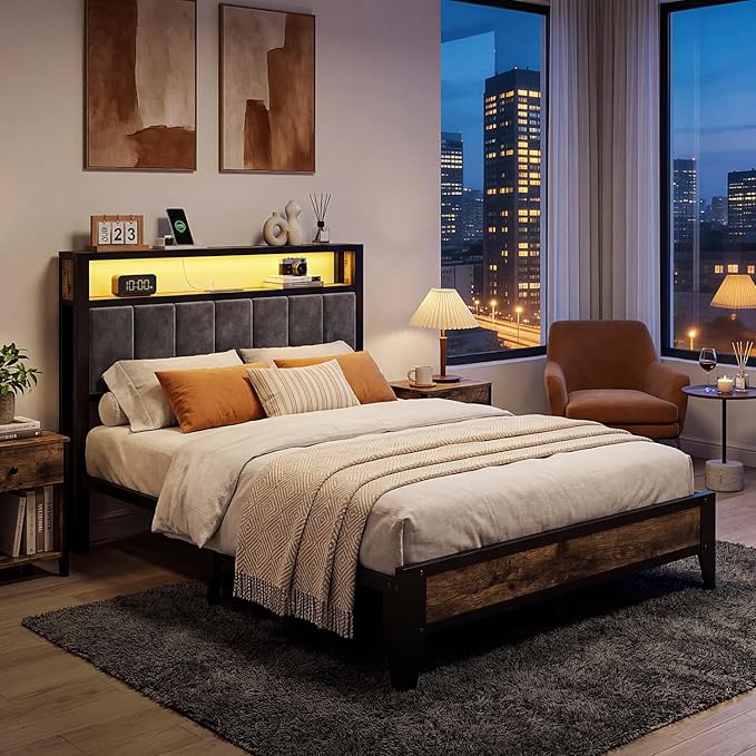OLEVS Full Bed Frame with Headboard, Metal Platform Bed Full Size with 2-Tier Storage, LED Light & Charging Station Type C, No Box Spring Needed