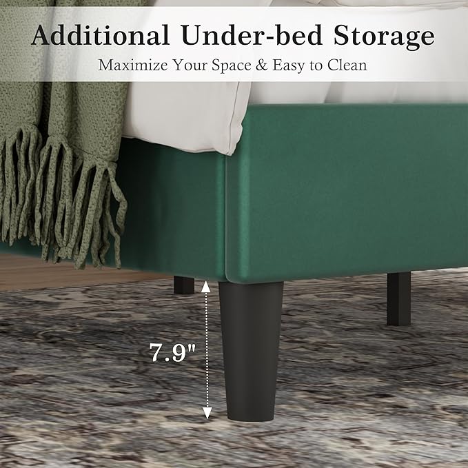 VECELO Queen Size Bed Frame with Adjustable Headboard, Upholstered Platform Bedframe with Wood Slat Support, No Box Spring Needed, Easy Assembly, Dark Green