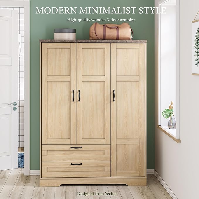 Yechen 3-Door Wooden Armoire Wardrobe Closet with Drawers and Shelves, Bedroom Armoires Closet with Mirror for Hanging Clothes, Coat, Farmhouse Wardrobe Cabinet for Large Storage Needed
