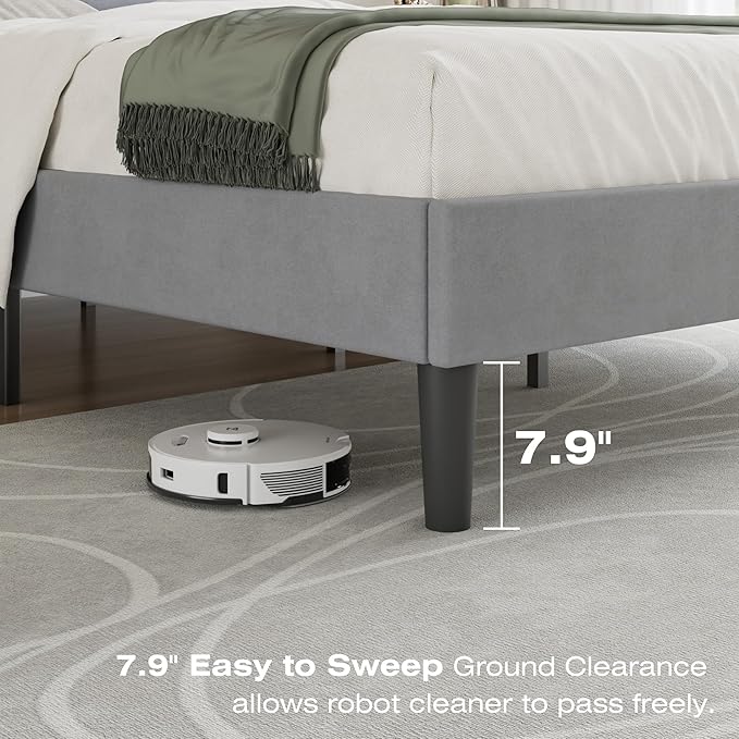 VECELO Full Size Bed Frame with Upholstered Headboard, Heavy-Duty Bedframe with Strong Wooden Slats Support, No Boxing Spring Needed, Light Grey