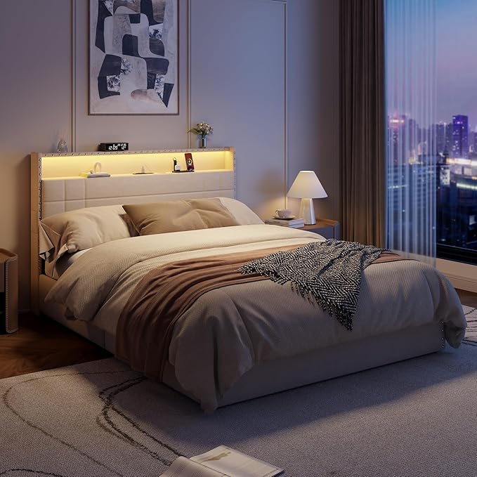 Forestell Full Size Bed Frame with 4 Drawers and Storage Headboard, Upholstered Platform Bed Frame Full Size with LED Lights and Charging Station, Metal Slats Support, No Box Spring Needed, Beige