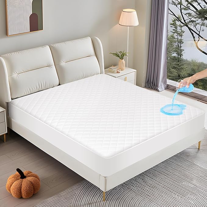 GUHER Waterproof Mattress Protector Queen Size,Breathable Bed Cover 3D Air Fabric Mattress Pad Cover,Noiseless＆Ultra-Soft Washable Bed Cover with 6"-14" Deep Pocket (White)