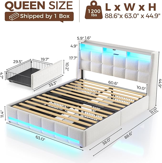 Rolanstar Queen Size Bed Frame with LED Lights and Charging Station, Upholstered Bed Storage Headboard & Drawers, Heavy Duty Wood Slats, Easy Assembly, White