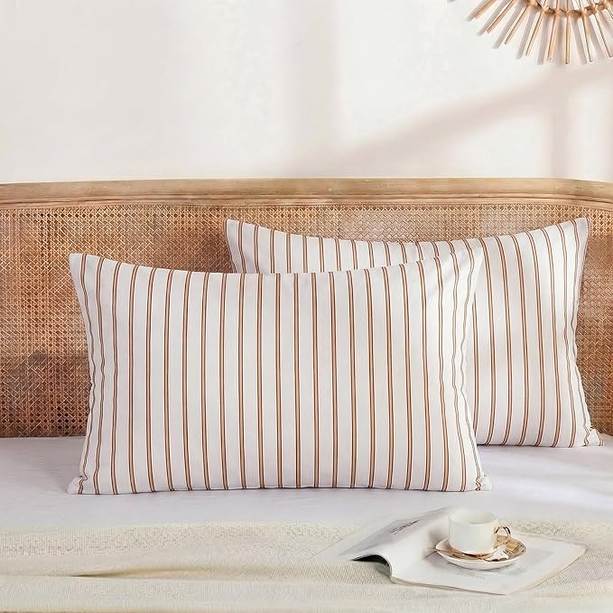 Merryword 100% Cotton Pillow Cases, Standard Size Pillowcases, Beige and Terracotta Striped Pillowcases, Soft Breathable Engineered Stripes Pillow Covers, Set of 2