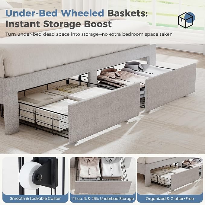 DUMOS Full Size Upholstered Platform Bed Frame, Full Bed with Storage Drawers and Fabric Headboard, Wooden Slats Support, 882 lbs Weight Capacity, No Box Spring Needed, Easy Assembly, Beige