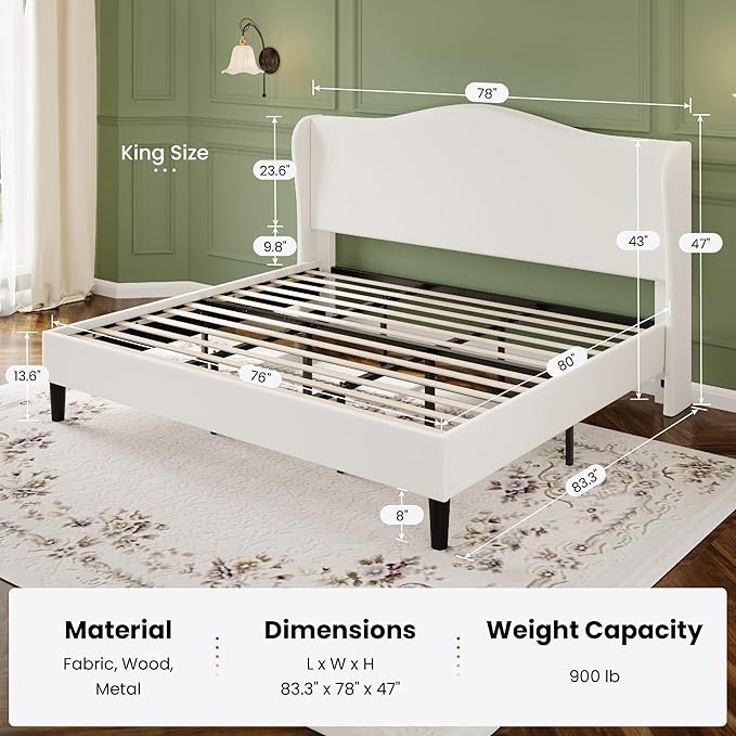 SHA CERLIN King Size Velvet Platform Bed Frame with Elegant Wingback Headboard, Modern & Luxurious Design, Sturdy Wooden Slats, No Box Spring Required, Easy Assembly, Noise-Free, Soft White