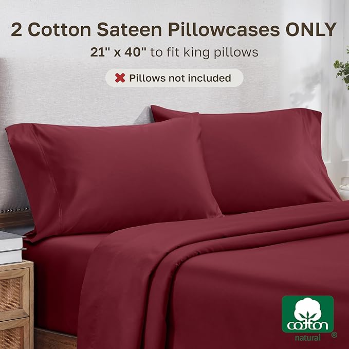 California Design Den King Size Pillows Cases Set of 2 - Luxuriously Soft and Thick 800 Thread Count, Smooth Sateen, Natural 100% Cotton King Pillowcase Pair, Durable - Red Wine