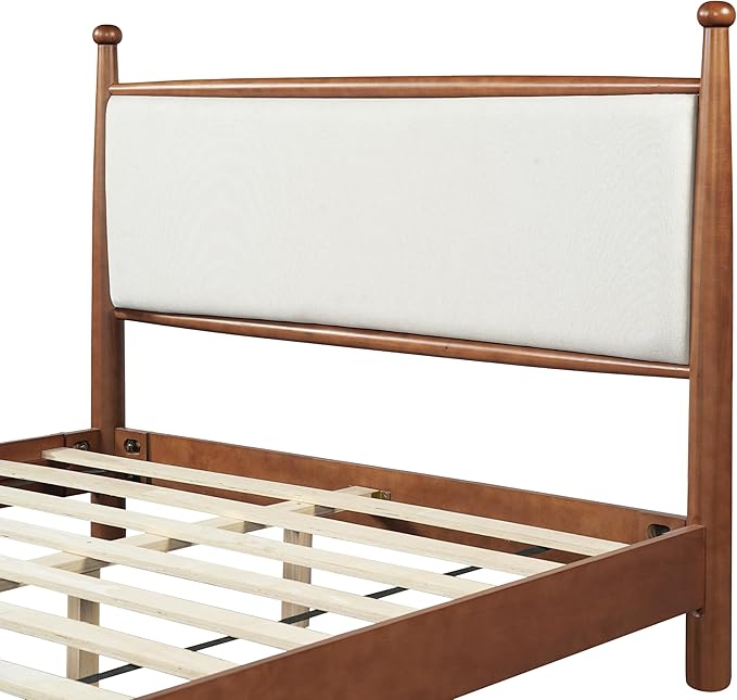 Merax Modern Queen Size Solid Wood Platform Bed with Upholstered Headboard, Mid-Century Low Bed Frame with Sturdy Wood Legs/No Box Spring Needed/Easy Assembly, Beige+Walnut