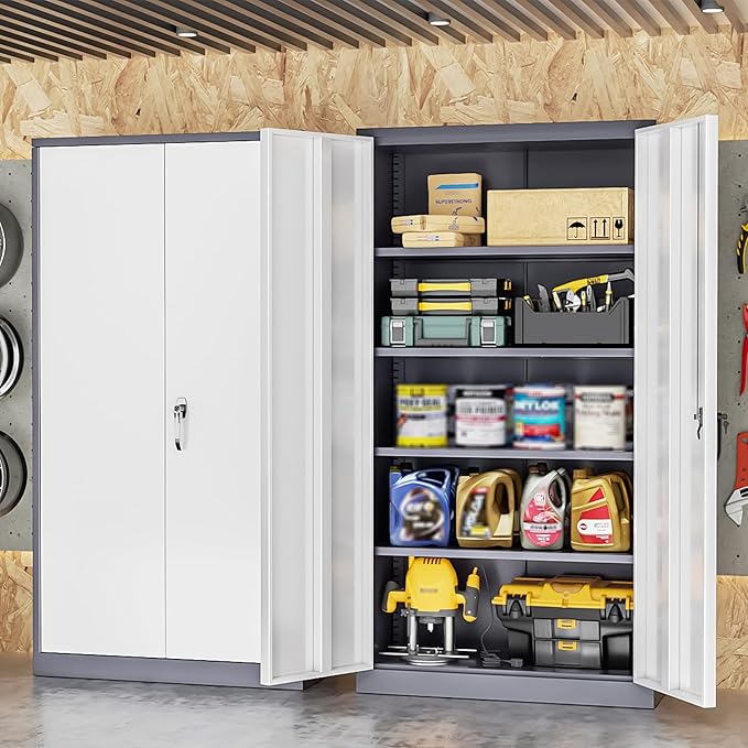 INTERGREAT Metal Lockable Storage Cabinet, 72” H Storage Cabinets with 2 Doors and 4 Adjustable Shelves for Office, Home, Garage, Pantry (Assembly Required, Gray White)