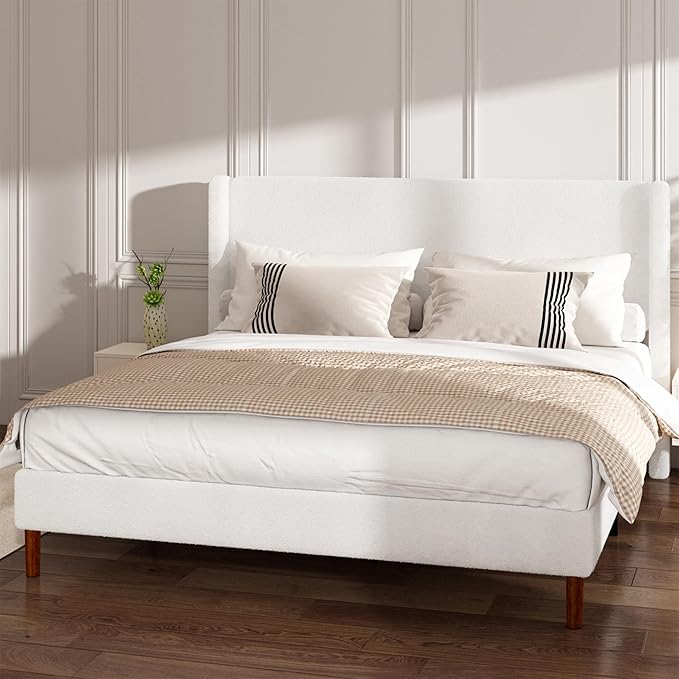 King Boucle Bed Frame, Platform Bed with Upholstered Wingback Headboard, Strong Wooden Slats Support, Noise-Free, No Box Spring Needed, Easy Assembly, White