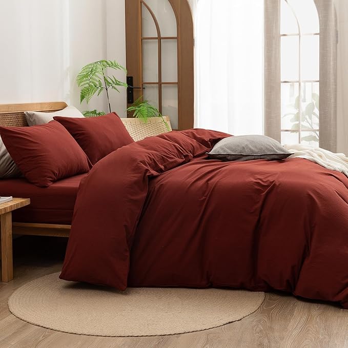 BESTOUCH Duvet Cover Set 100% Washed Cotton Linen Feel Super Soft Comfortable Chic Lightweight 3 PCs Home Bedding Set Solid Fired Brick Red Alaska King