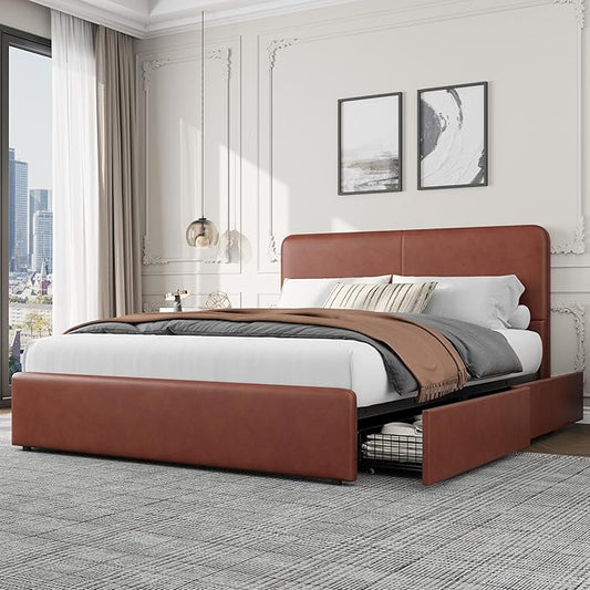 GarveeHome Modern Upholstered Platform Bed Frame with Headboard and Storage Drawers – PU Brown Leather, Sturdy Wood Slat Support, Noise-Free, No Box Spring Needed, Easy Assembly – Full Size, PU Brown