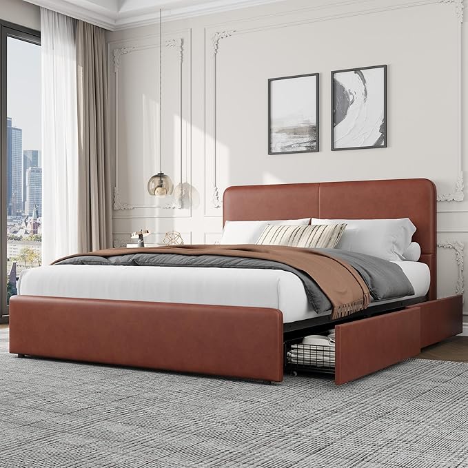 GarveeHome Modern Upholstered Platform Bed Frame with Headboard and Storage Drawers – PU Brown Faux Leather, Sturdy Wood Slats, Noise-Free, No Box Spring Needed, Easy Assembly – King Size, PU Brown