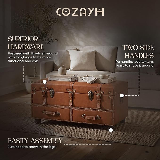 COZAYH Vintage Mid-Century Faux Leather Storage Ottoman Accent Bench - Upholstered Padded Chest for Entryway, Bedroom, Living Room, Orange