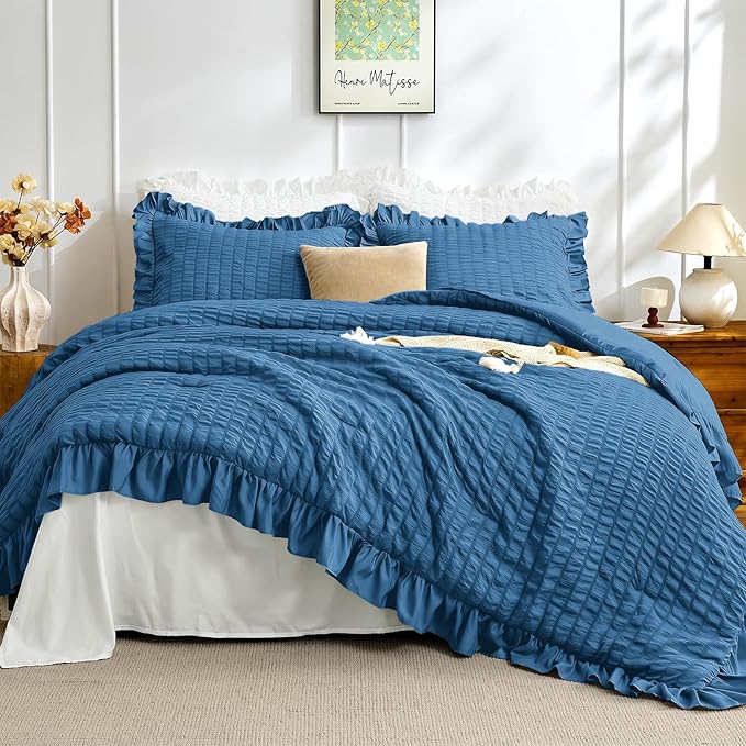 JOLLYVOGUE Teal Twin Size Comforter Set, 2 Pieces Seersucker Lightweight Fluffy Bedding Set, Twin Ruffle Comforter, All Season Soft Microfiber Shabby Chic Bed Set