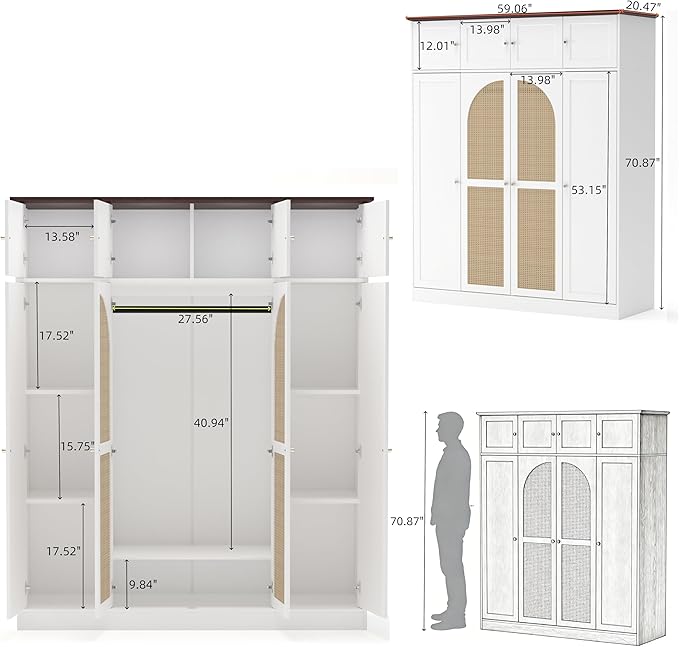 4 Doors Large Armoire Wardrobe Closet with Rattan Doors, 70.87" Tall Freestanding Wooden Closet Wardrobe Cabinet with Hanging Rod and Adjustable Shelves, Clothing Storage Cabinet for Bedroom, White