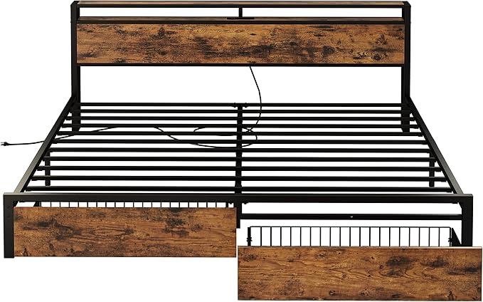 LIKIMIO King Bed Frame with Storage Headboard, Platform Bed with Drawers and Charging Station, No Box Spring Needed, Easy Assembly, Vintage Brown