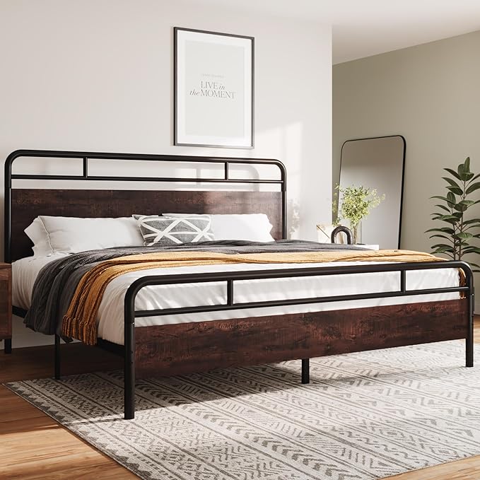 Allewie King Size Platform Bed Frame with Wooden Headboard and Footboard, Heavy Duty 13 Metal Slats Support, Under-Bed Storage, No Box Spring Needed, Noise Free, Easy Assembly, Mahogany