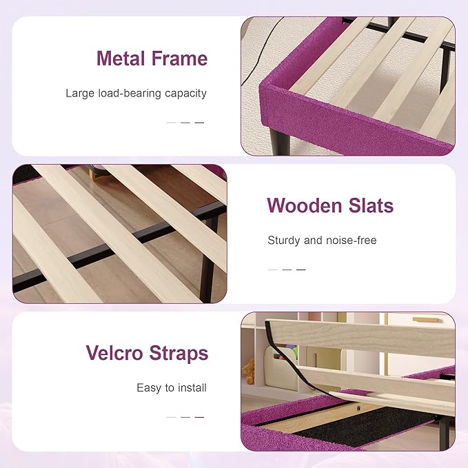 VECELO 2 Set Twin Size Bed Frame, Upholstered Platform Bedframe with Height Adjustable Plush Fabric Headboard, Strong Wood Slat Supports, No Box Spring Needed, Purple