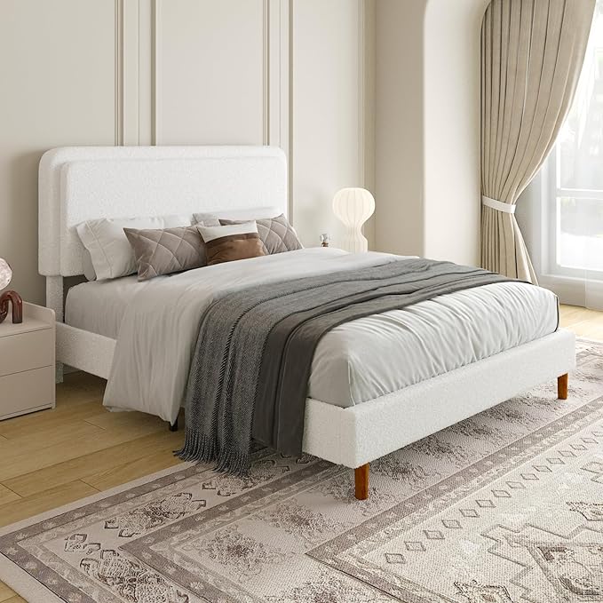Full Size Boucle Platform Bed Frame with Adjustable Headboard, Upholstered Cloud Bed, Solid Wooden Legs, No Box Spring Needed, Easy Assembly, White