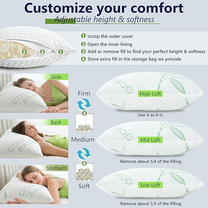 Shredded Memory Foam Pillows, Cooling Pillows King Size Set of 2 Adjustable Firm Bamboo Bed Pillows for Hot, Side, Back and Stomach Sleepers