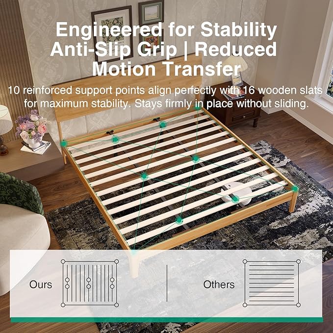 Novilla King Size Bed Frame with 3-Level Adjustable Storage Headboard, Solid Wood Platform Bed Frame with Slats, No Box Spring Needed, Noise Free, Natural Finish for Master Bedroom and Guest Room