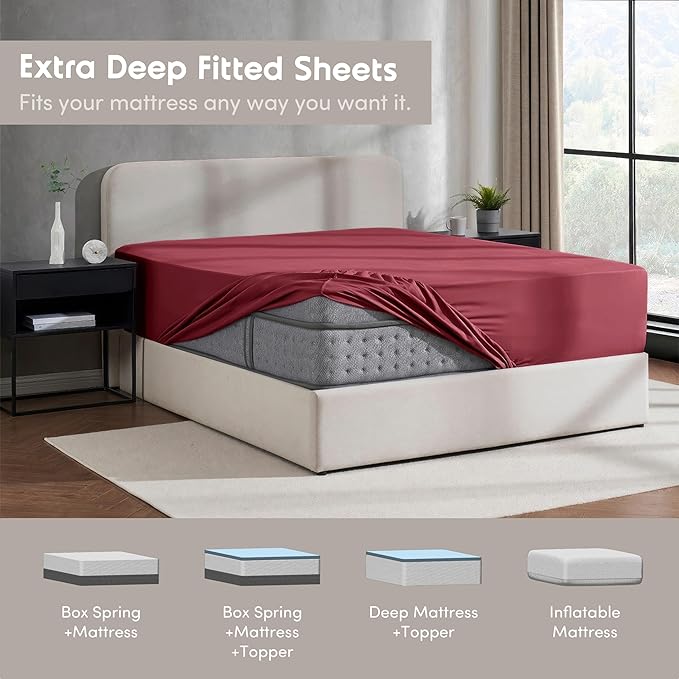 Nestl 4 Pack Burgundy Red Fitted Sheet Extra Deep Pocket, Hotel Luxury Cal King Fitted Sheet Only Easily Fits 18 to 24 Inch Mattress, Super Soft, Wrinkle-Free and Breathable with Corner Straps