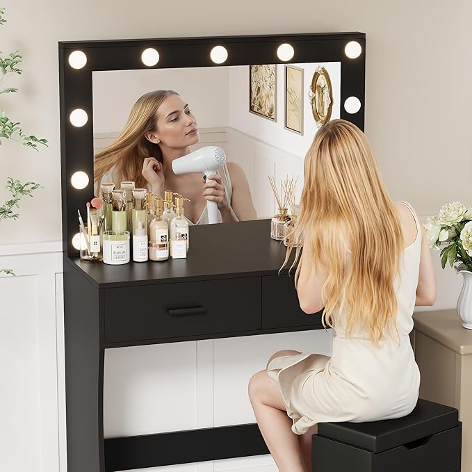 YESHOMY Vanity Desk with Mirror, Power Outlet and 11 Lights, Makeup Table with 2 Drawers, 3 Color Modes Available for Bedroom, Ash Black