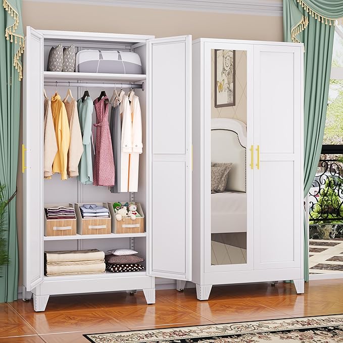 GAIOUS Metal Wardrobe Cabinet with Mirror and Hanging Rod, 71" Metal Clothing Storage Cabinets with 2 Doors and Adjustable Shelves, White Armoire Wardrobe Closet for Bedroom, Laundry Room, Cloak Room