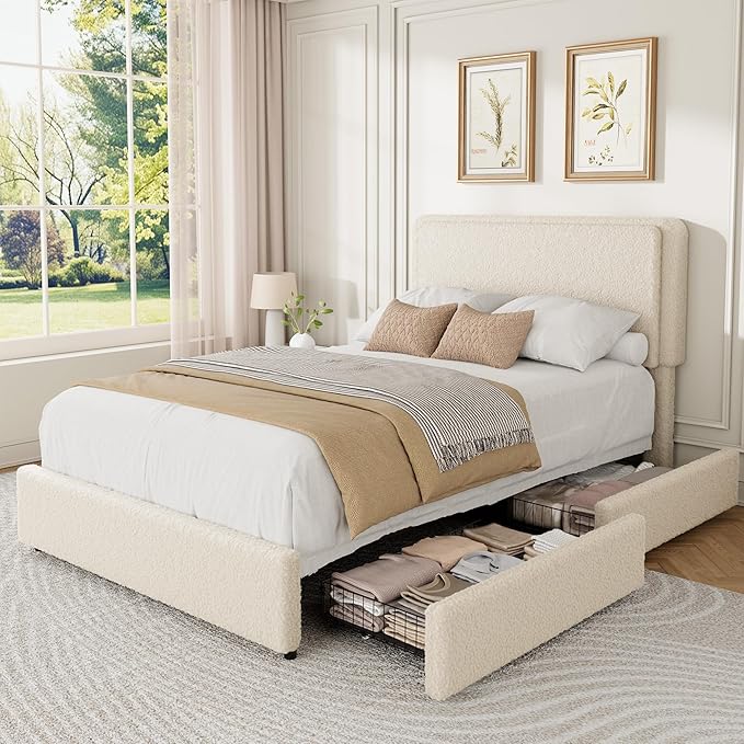 GarveeHome Bed Frame with 2 Storage Drawer, Teddy Fleece Thick Upholstered Platform Bed Frame with Adjustable Headboard, No Box Spring Needed, Cream Beige, Twin