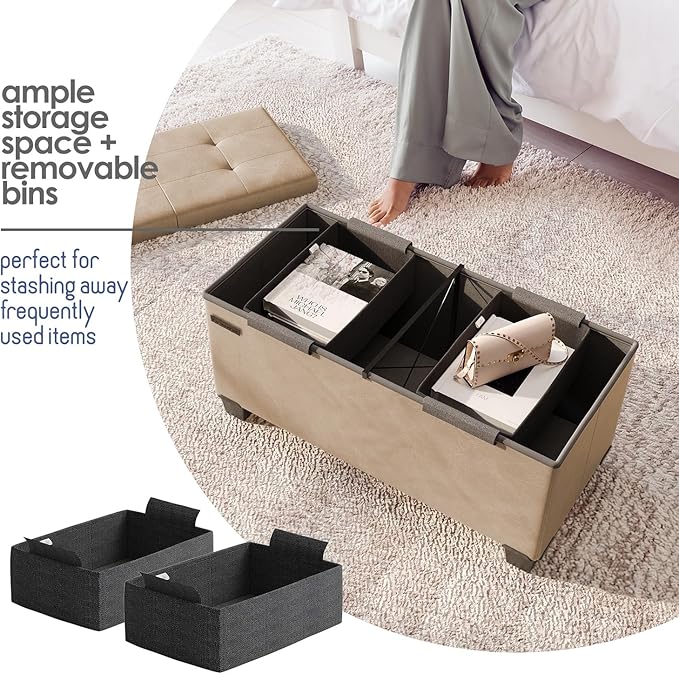 Storage Ottoman Bench with Bins, 30-in Storage Bench for Bedroom End of Bed, Folding Foot Rest Ottoman for Living Room Max 660lbs, Leather Ottomans, Taupe