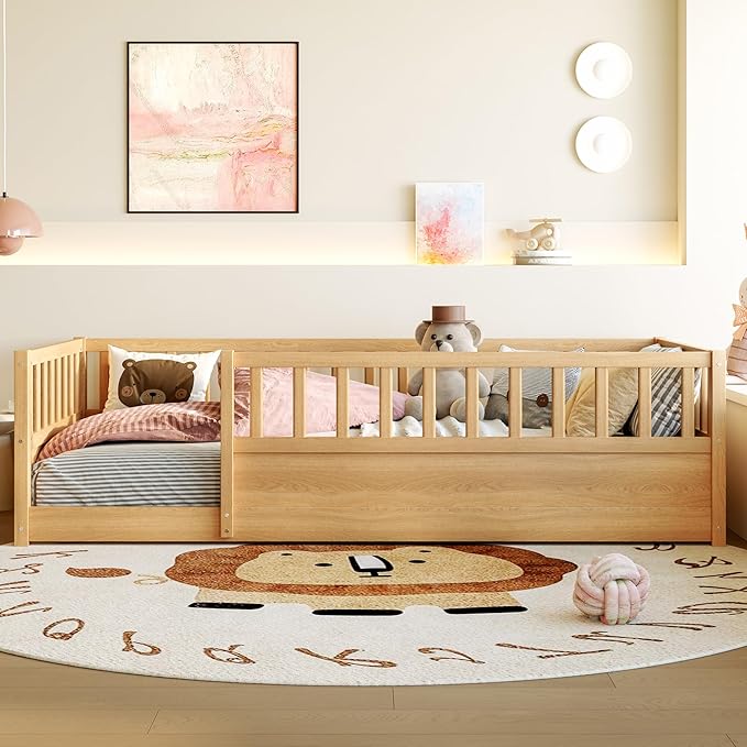 Bellemave Twin Size Floor Bed with High Fence, Wood Montessori Bed with Slats and Guardrails, Montessori Floor Beds Frame for Kids, Girls, Boys, Natural