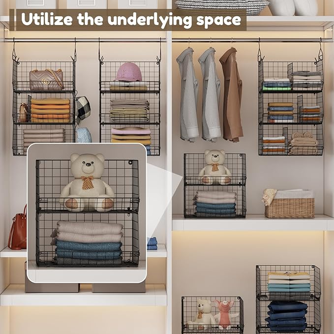 4 Tier Hanging Closet Organizer with Dividers,Extra Large Storage Hanging Shelf with 5 S Hooks 4 Dividers,Hang on wire closet shelving Clothes Organizer-Black