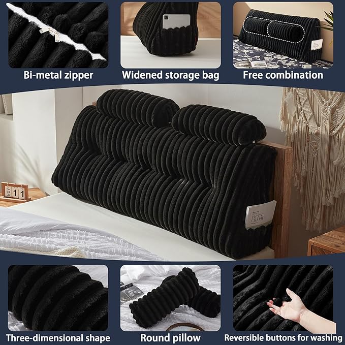 Rycwola Faux Fur Headboard Pillow with 2 Pack Neck Roll Pillow Large Headboard Pillow Soft and Supportive with Removable Cover (Black, Queen)