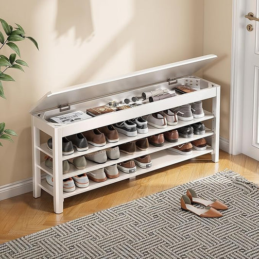 IUNVR Shoe Rack Bench Seat Rubberwood 3-Tier Wooden Storage Bench 550lbs Compact Mid-Century Modern Design for Entryway, Hallway, Closet, Front Door Entrance, Foyer