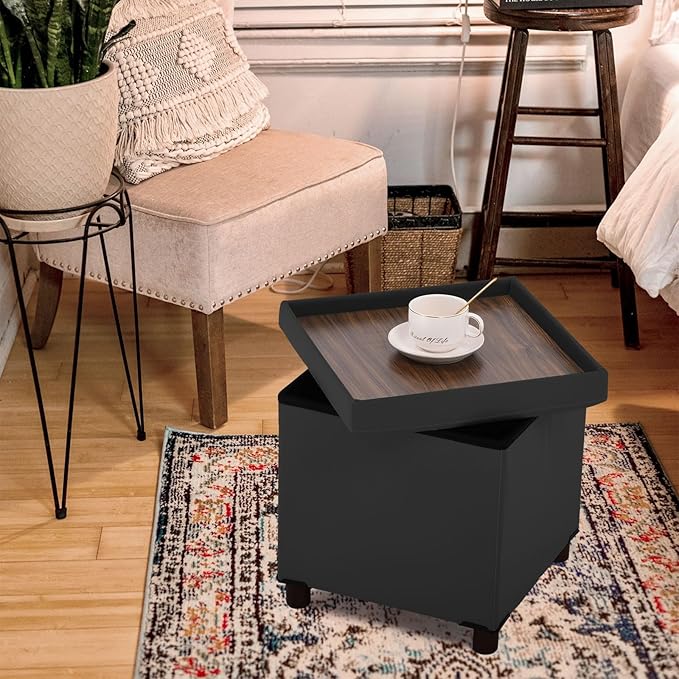 Dorriss Storage Ottoman for Living Room，Square Ottoman with Tray Bedroom Cube Foot Rest Stool with Legs Ottomans Coffee Table Lid Foldable Footstool Faxu Leather 15" Inch(Black)