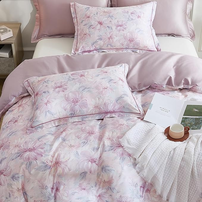 OAITE Duvet Cover Set Twin Size Floral Pattern 600 Thread Count Ultra Soft 100% Long Staple Cotton Duvet Cover Sets 3-PC, Breathable Duvet Cover with Zipper Closure & Corner Ties
