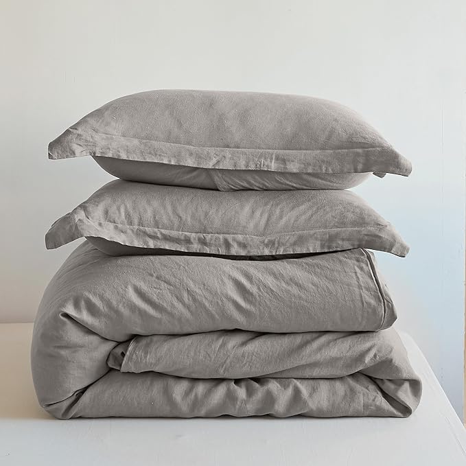 Simple&Opulence 100% Linen Duvet Cover Set 3pcs Basic Style Natural French Washed Flax Solid Color Soft Breathable Farmhouse Bedding with Button Closure - Dove Grey, Queen