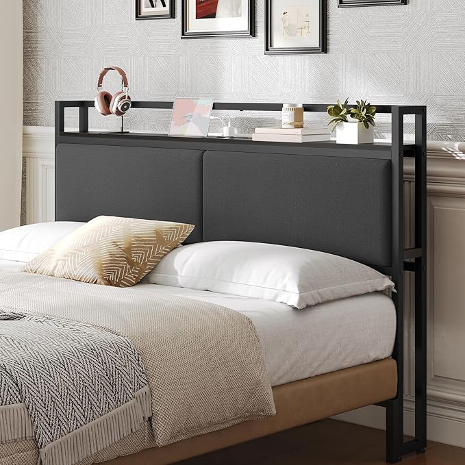 YATINEY Queen Size Headboard with Storage Shelves, Upholstered Headboard with Charging Station, Height Adjustable, Sturdy and Stable, Vintage Style, Black