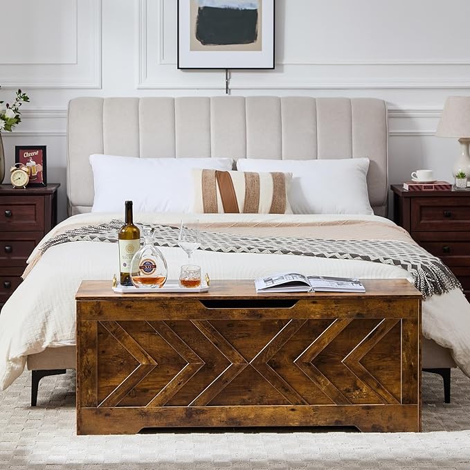47.2” Storage Bench,Extra Large Wooden Storage Chest with 2 Safety Hinges,entryway Bench,Blanket Storage,Shoe Storage Bench for Entryway,Bedroom,Living Room,Easy Assembly.-Rustic Brown