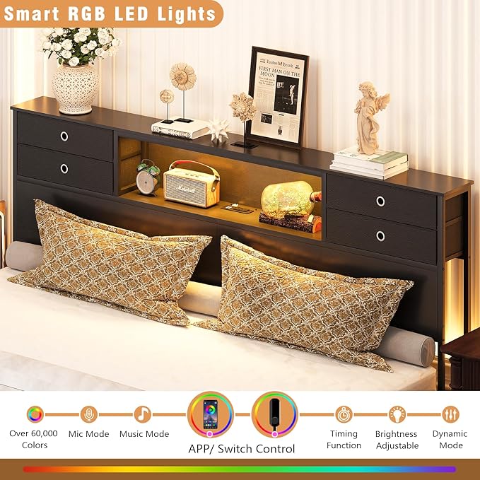 GiftGo Queen Size Headboard with 4 Fabric Storage Drawers Charging Station LED Light Adjustable Height Storage Rack Sturdy and Stable Metal Frame & Wood Shelf (Black, King (U.S. Standard))