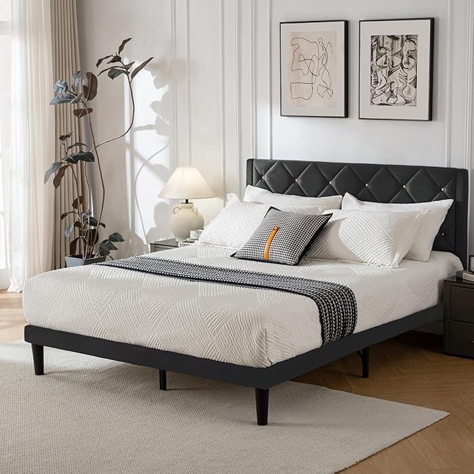 Full Bed Frame with Headboard, Bed Frame Full Size with Sturdy Wooden Slats Support, Platform Frame with Velvet Upholstered Headboard, Mattress Foundation, Easy Assembly, No Box Spring Needed Black