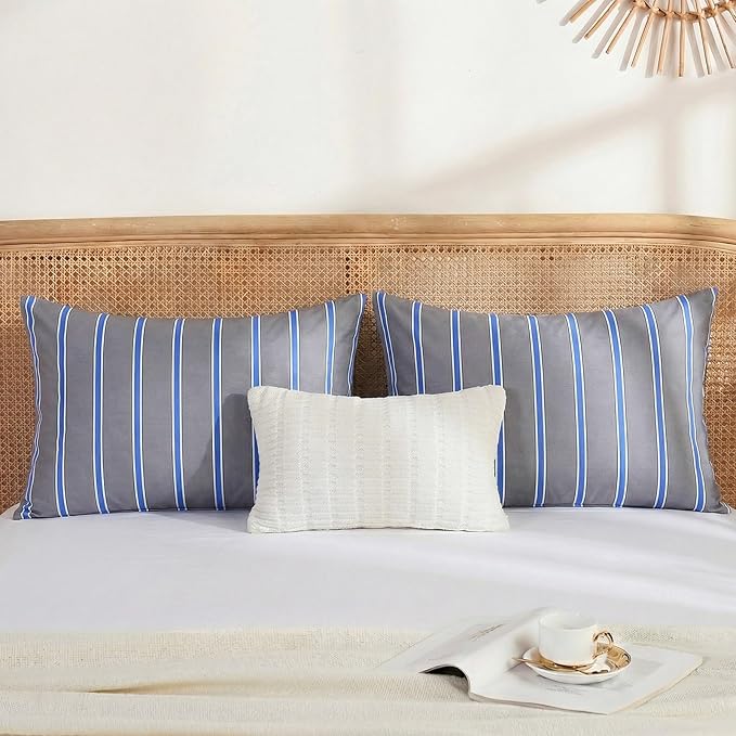 Merryword 100% Cotton Pillow Cases, Queen Size Pillowcases, Blue and Gray Striped Pillowcases, Soft Breathable Engineered Stripes Pillow Covers, Set of 2