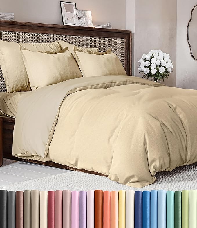 Duvet Cover Queen Size Set - Extra Soft Queen Duvet Cover 90" x 90" with 2 Pillow Shams - Hotel Luxury, Easy Care & Fade Free with Zipper Closures and Ties - Comfy, Cozy & Breathable (Heathered Tan)