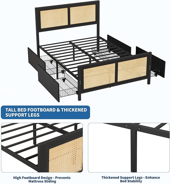 IDEALHOUSE Rattan Bed Frame with Storage Drawers, Boho Queen Led Bed Frame with Strong Metal Slats Support, No Box Spring Needed, Noise-Free Design, Black