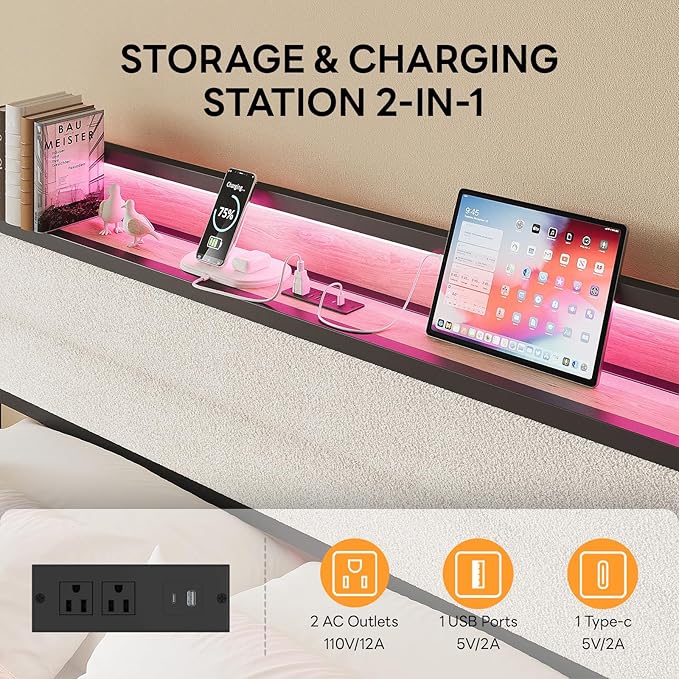 LIKIMIO Queen Bed Frame with Storage Headboard and LED Lights, Metal Platform Bed with Charging Station, Noise Free, No Box Spring Needed, Under Bed Storage, Natural and Cream
