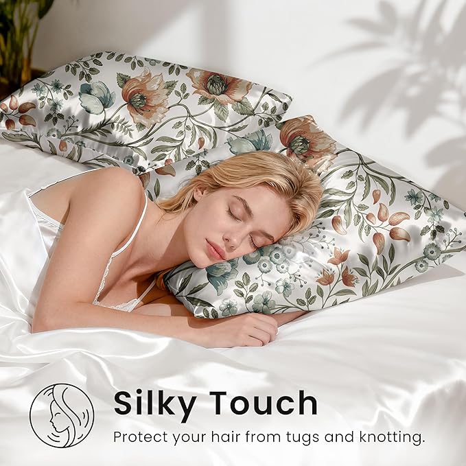 EXQ Home Satin Pillowcase for Hair and Skin King - Printed Summer Flowers Silk Pillowcase 2 Pack 20x40 inches - Satin Pillow Cases Set of 2 with Envelope Closure, Gifts for Women Men