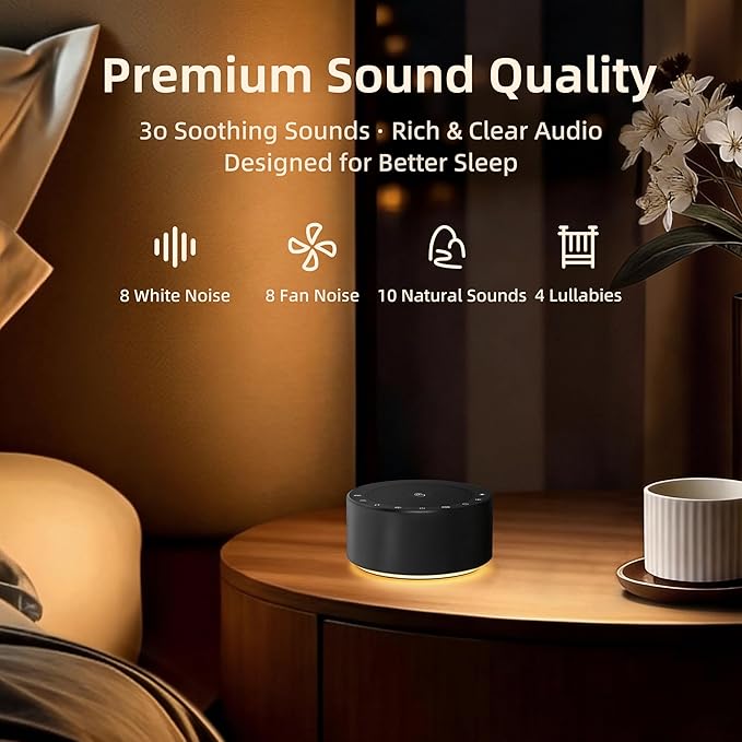 Kipcush White Noise Machine - Soft Non-Glare Nursery Lamp, 30 Soothing Sounds, 8 Color Lights, Max 8-Hour Timer for Baby & Adults (Black, Standard)